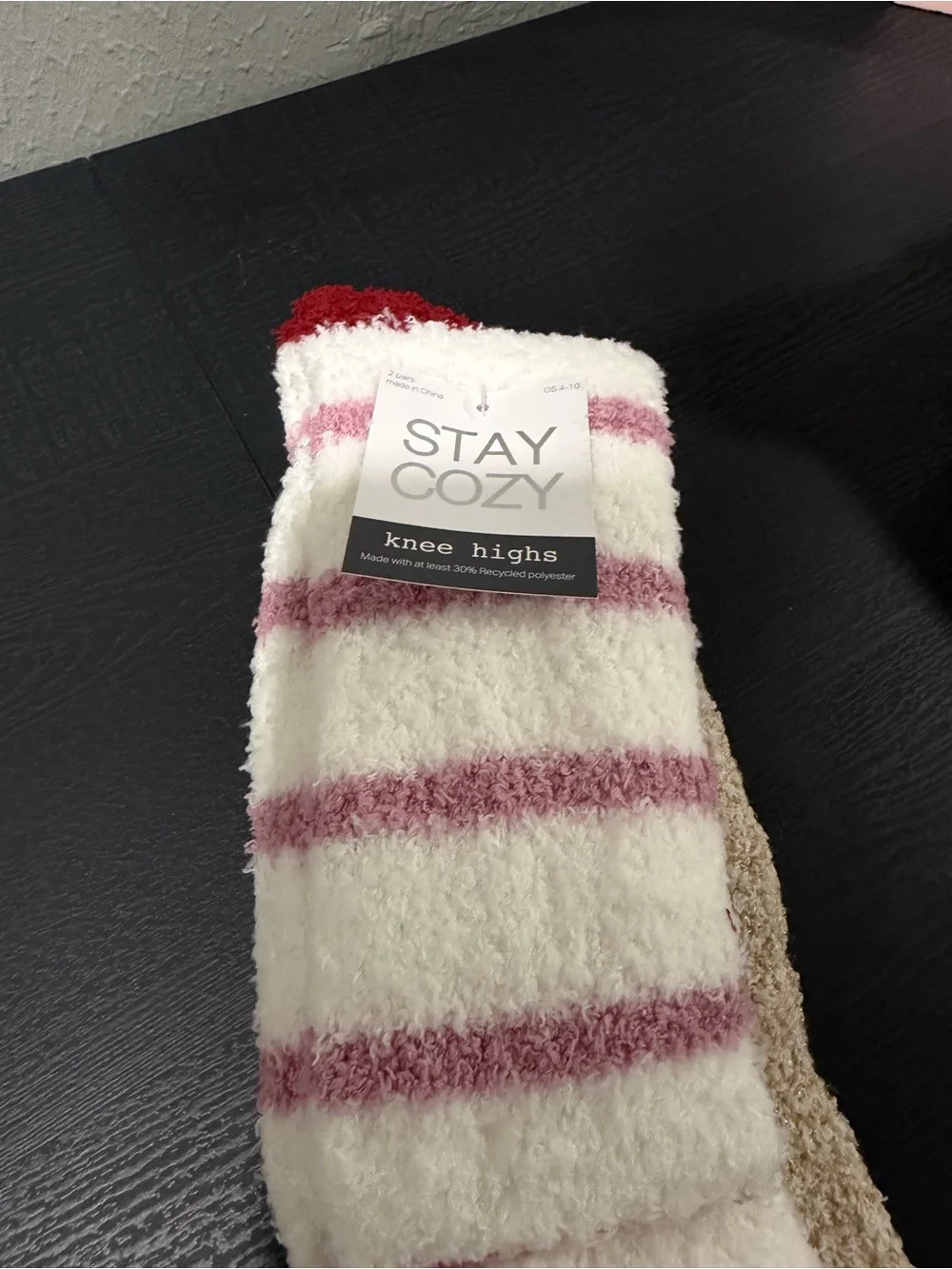 Knee High 2 Pairs of Socks White & Pink with Red Heart & Solid Tan